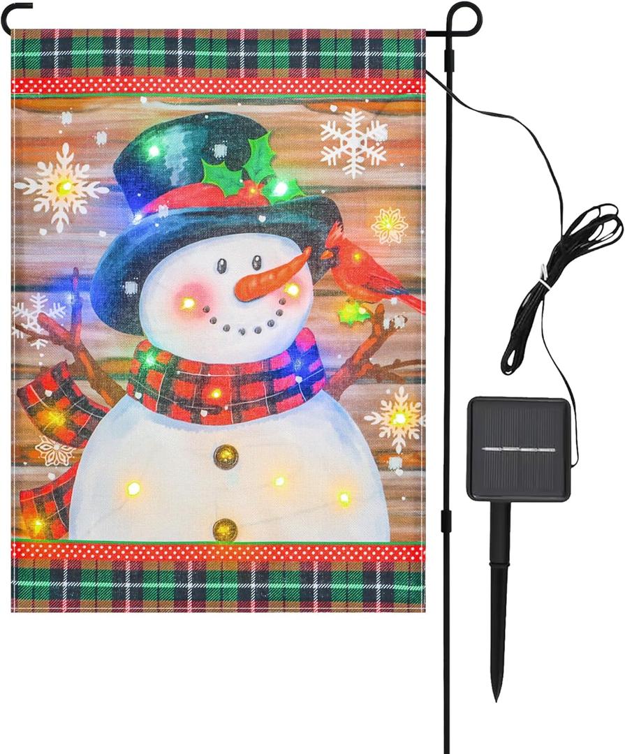 Lighted Christmas Garden Flag 12x18 Inch, Solar Light Up Snowman Yard Flag Double Sided, Vertical Small LED Christmas Outdoor Banner Holiday Yard Lawn Decoration (Mult)