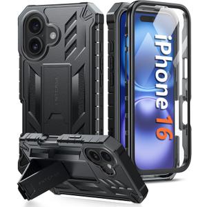 FNTCASE for iPhone 16 Phone Case: Military Grade [Built-in Screen Protector] [Kickstand] Matte Textured Drop Proof Protection Cover | Rugged Shockproof TPU Protective Sturdy Cases - Black