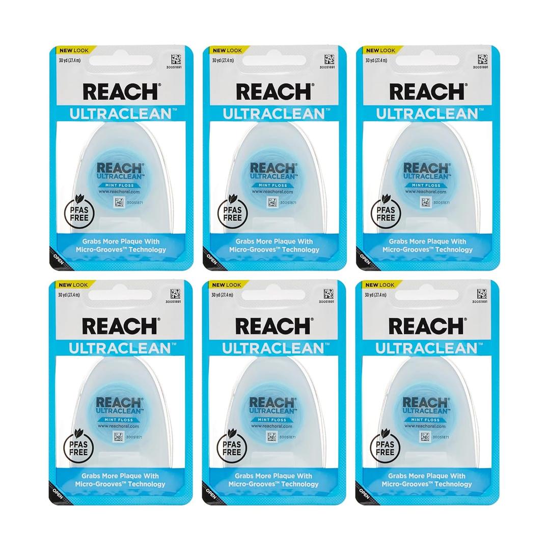 REACH Ultraclean Dental Floss, Mint, Plaque Remover for Teeth, Shred Resistant, Waxed, Easy on Gums & Teeth, Mint, Oral Care, PFAS Free, for Adults & Kids, 6 Pack, 30 yd
