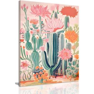 KISSFOX Framed Mexican Canvas Wall Art Cactus Desert Plant Poster Prints Vintage Green Pink Orange Botanical Floral Painting Colorful Southwestern Rustic Picture Decor Living Room Bathroom Bedroom (16"x24" Canvas)