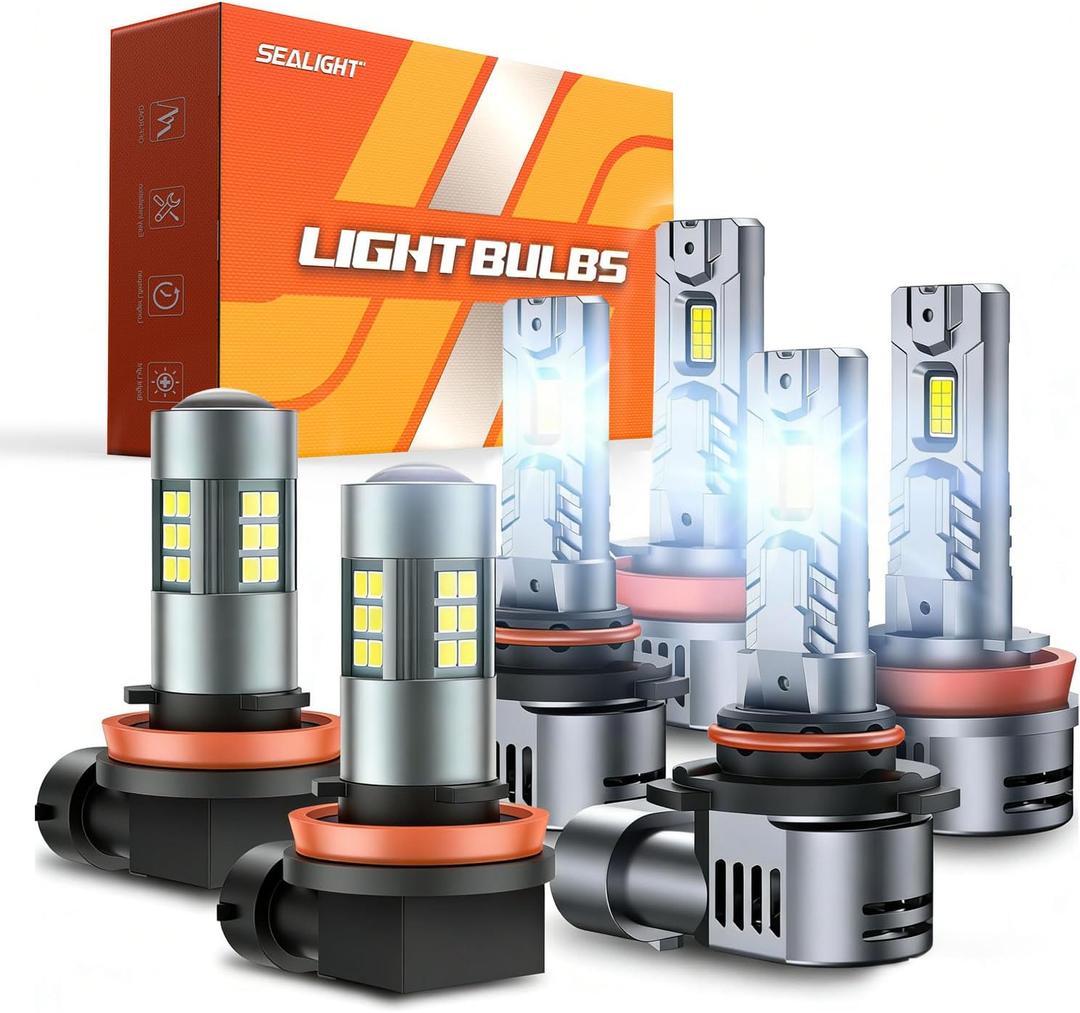 SEALIGHT 9005/HB3 H11/H9/H8 Light Bulbs Combo and F1 H11 LED Fog Light Bulbs 66,000LM Ultra-Bright 6500K 9005 H11 Bulbs with 14000RPM Cooling Fan, 360 Illumination, True Plug-N-Play, Pack of 6