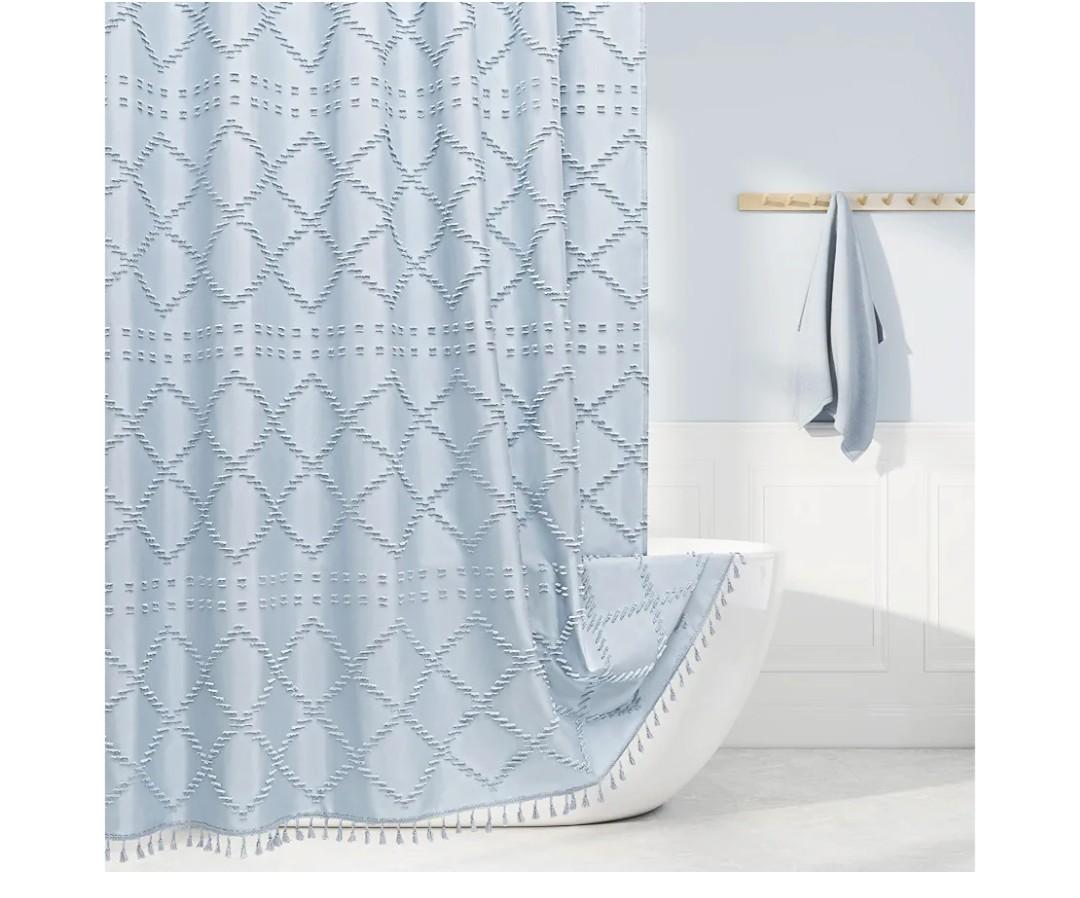 Boho Fog Blue Woven Fabric Shower Curtain with Tassel 72 x 72, Bohemia Tufted Chevron Striped Chic Textured, Blue Waterproof Modern Farmhouse Minimalist Curtain for Bathroom, Hotel Decor