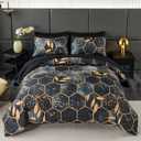 ANGIYUIN Geometric Black Queen Comforter Set, 7 Pieces Modern Foil Print Decor Gold Trim Bed in A Bag, Ultra Soft Lightweight Duvet Insert for All Season (Black Queen)