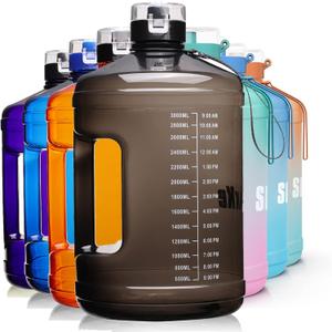 Gallon Big Water Bottle with Handle, 128oz Leakproof BPA Free Fitness Sports Water Bottle with Motivational Time Marker & Wide Mouth Ensure You Drink More Water (BLACK)