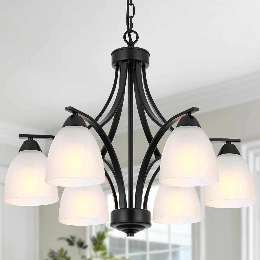6-Light Black Chandelier Opal Milk Glass Kitchen Pendant Ceiling Light