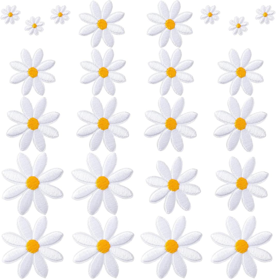 PAGOW 24 Pcs Flower Iron on Patches, Daisy Applique Patch for Clothes, Sew On Embroidered Floral Applique for Bags, Jeans, Shirts (White, 4 Sizes)