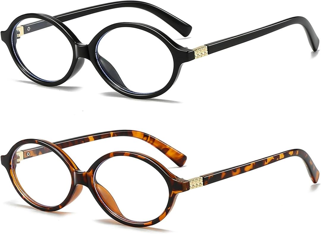 Oval Retro Blue Light Blocking Glasses for Women Men Vintage Fashion 90s Small Face Computer Screen Gaming TV Phones Anti Eyestrain & UV Glare Glasses Non-prescription (2 Pack of Black+leopard)