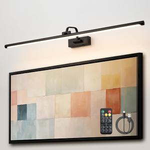 Picture Lights for Wall Battery Operated, Rechargeable Light for Pictures with Remote & Timer, Black Art Light for Paintings 39 Inch Wireless Dimmable Cordless Gallery Frame Lights with 3CCT