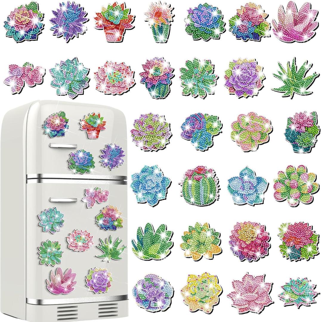 Remuuly 30 Pcs Diamond Painting Magnets Summer Diamond Art Magnet Kits for Adults Spring Flower Animal Cupcake 5D Rhinestones Refrigerator Magnetic Stickers for Fridge DIY Crafts Gifts(Succulents)