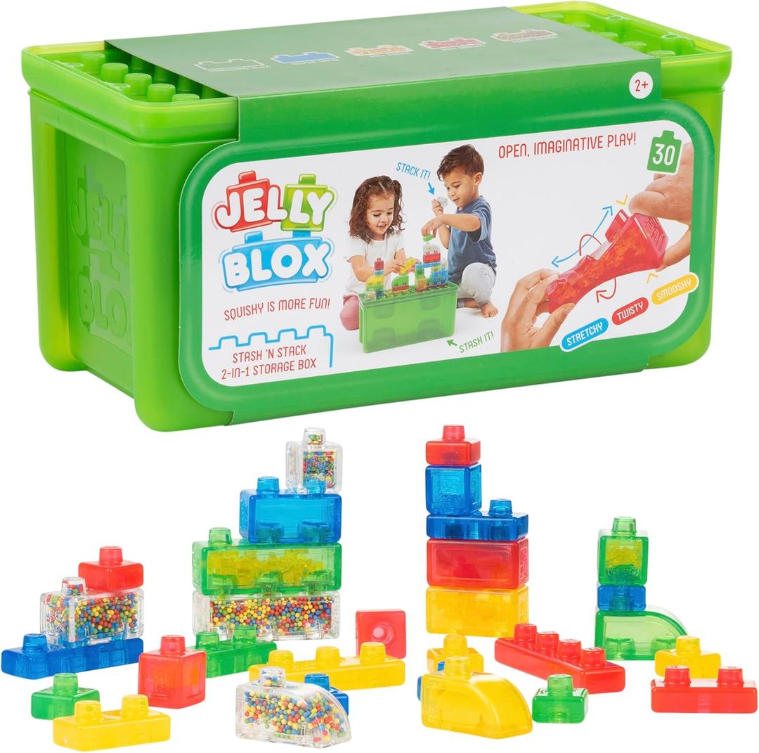 Jelly Blox Stash 'N Stack 2-in-1 Storage Case with 30 Blocks | Toddler & Preschool Building Blocks Kids Can Squeeze & Stretch | MESH ACCREDITED | Safety Tested & Ouch-Free | Sensory Play Toy Ages 2+