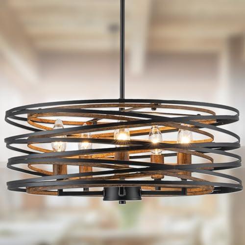 Bargeni Chandeliers,20 Inch Dining Room Light Fixture,Matte Black Dining Room Chandelier with Wood-Like Interior,5-Light Farmhouse Chandelier for Kitchen Island,Living Room,Foyer,Stairway
