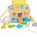 Toddlers Wooden Noah's Ark Toy Animal Playset, Shape Sorter Early Learning Montessori Toys, Baptism Gifts for 3 Boys Girls Kids