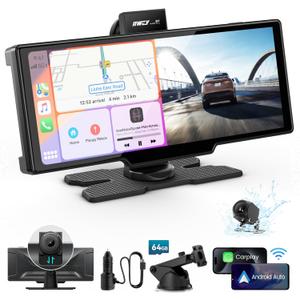 Portable Apple Carplay Screen, 10 Car Stereo Wireless Car Play & Android Auto Touch Screen, 4K Dash Cam, 1080P Backup Camera, Mirror Link/Voice Control/Music Play/GPS Navigation