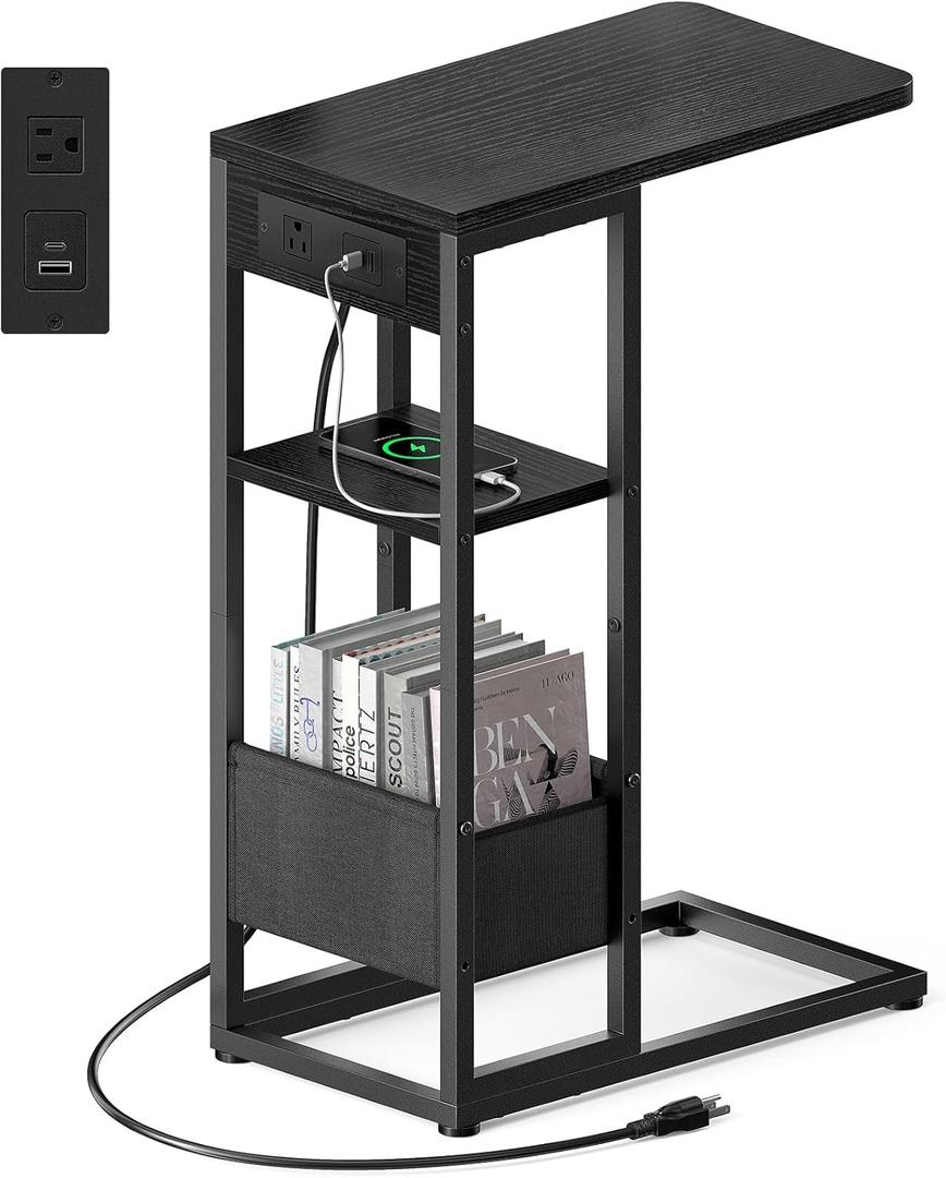 C Shaped End Table with Charging Station, Small Side Table for Couch Recliner, Slide Under Sofa Desk Snack Tables with Storage Bag & AC / USB Outlet, Small Spaces Drink Tables for Living Room, Bedroom