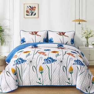 WONGS BEDDING Blue Quilt Set King Size,Cute Floral Botanical Bedspread Bedding Set with 2 Pillowcase,Spring Summer Lightweight Farmhouse Coverlet Set for All Season (104"x90")