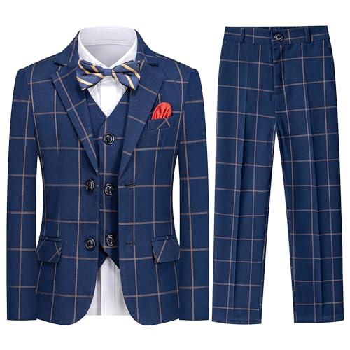 Boys Plaid Suit Set 4 Pieces Blazer Vest Pants Classic Formal Suit for Wedding Party Midnight Blue, 3T