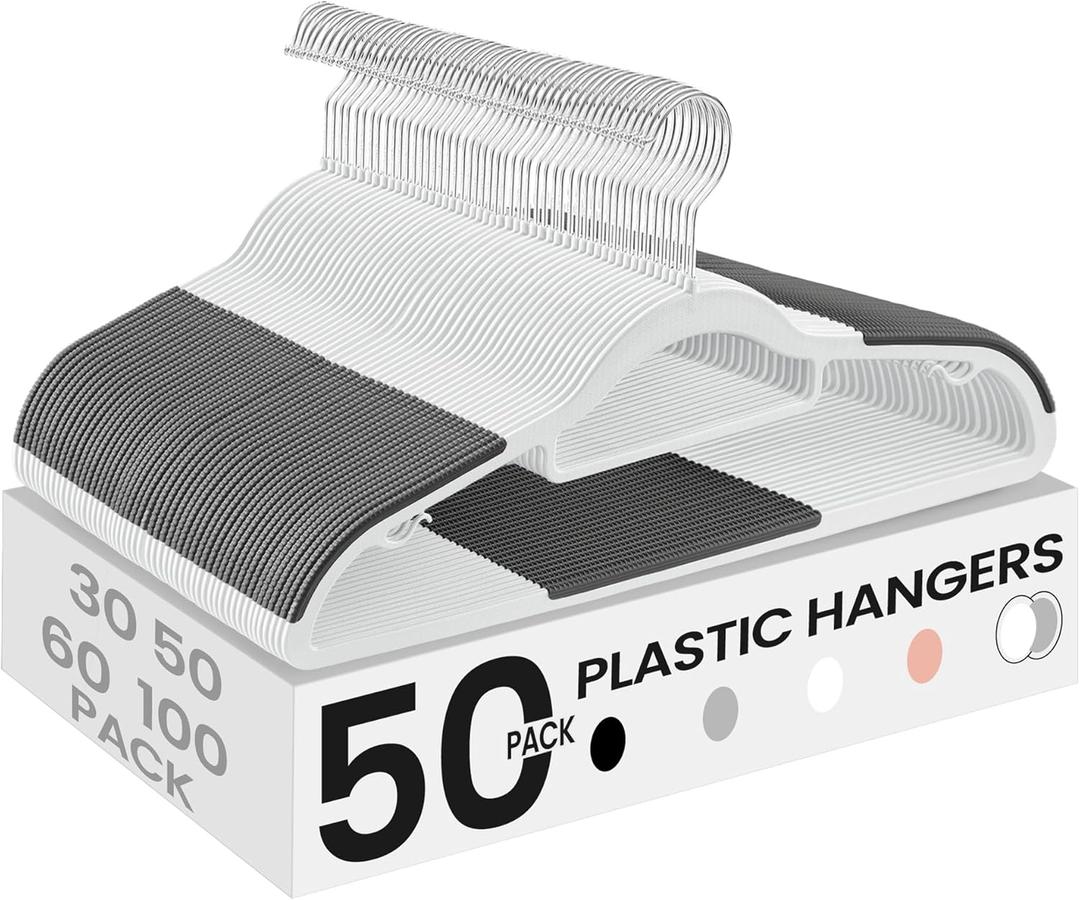 SONGMICS Pack of 50 Coat Hangers, Heavy-Duty Plastic Hangers, Clothes Hangers, White and Dark Gray UCRP020W02
