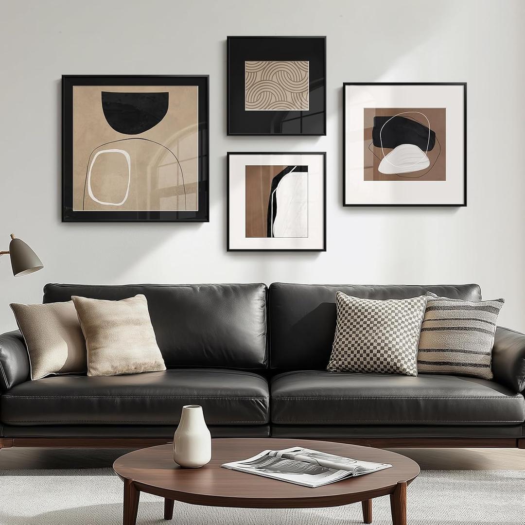 Framed Modern Black and White Brown Abstract Wall Art, Large for Living Room Set of 4 Minimalist neutral Canvas Wall Decor, Geometric boho Paintings Pictures for Bathroom, Dining, Office, Hallway