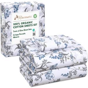 RUVANTI 100% Organic Cotton Sheets Twin XL, Percale Weave, GOTS Certified, 3-Piece Set, Deep Pocket 15", Crisp & Breathable, Soft Durable Bedding, Sbanas Algodn Orgnico  Deluxe