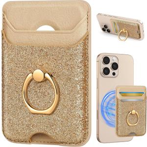 Shorogyt Compatible with Magsafe Wallet Magnetic Card Holder - Phone Wallets with Ring Grip Stand Cute Fashion for iPhone 17/16/15/14/13/12 Series for Women Girls Glitter Gold Design, Fit 3 Cards