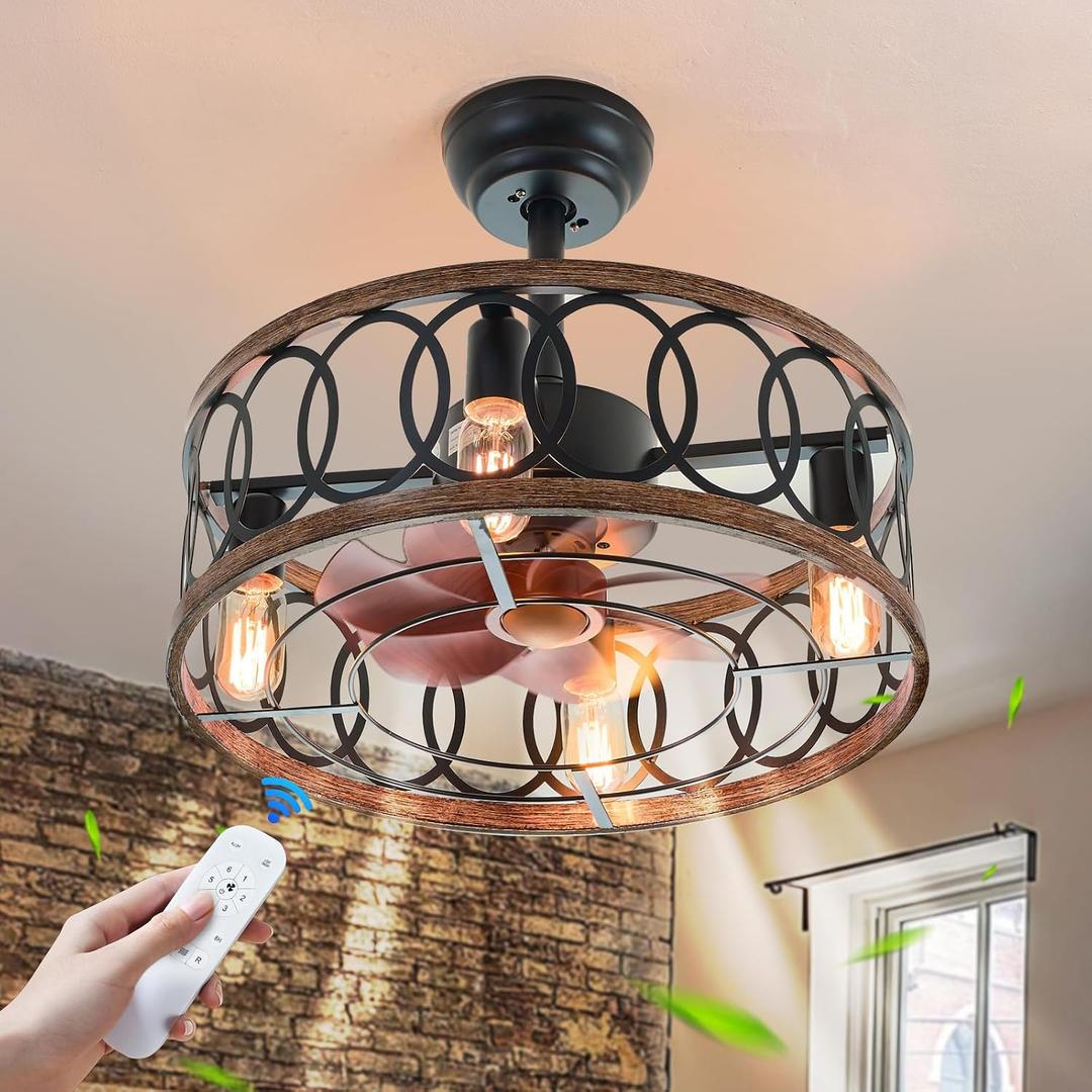 19" Industrial Caged Ceiling Fans with Light 4-Lights Farmhouse Flush Mount Fandelier Walnut Wood Metal Chandelier Fan Remote 6 Wind Speed Reversible for Bedroom Dining/Living Room Kitchen Entry