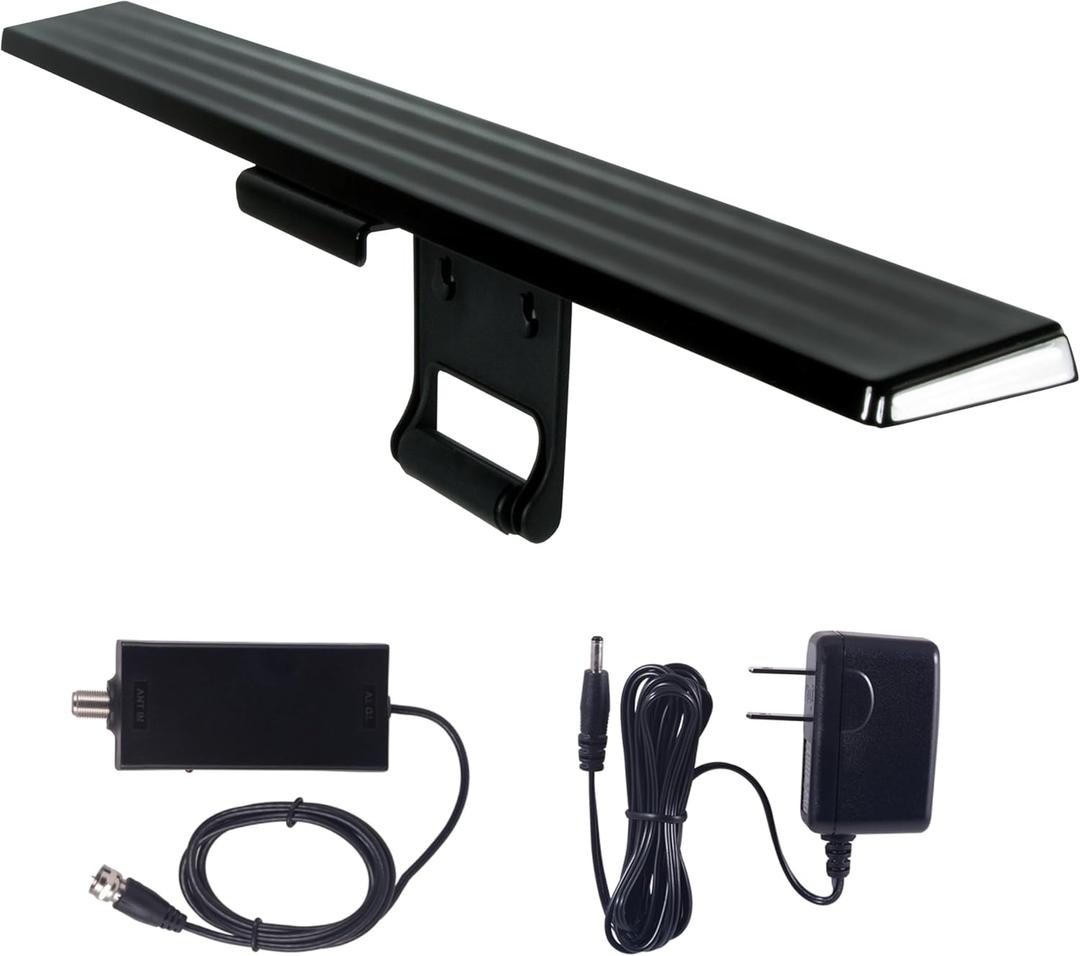 GE Amplified HD Digital TV Antenna, Long Range Smart TV Antenna, Easy Mount on Top of TV Design, Supports 4K 1080P HDTV VHF UHF, Indoor Amplified Signal Booster, 5ft Coax HDTV Cable/AC Adapter, 37075