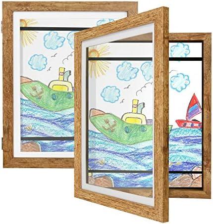 Kids Art Frames 9x12 Set of 2 - Front Opening Childrens Picture Frame Changeable, Wood Artwork Display Storage for Wall Mount, Magnetic Door Holds 50 Art Pieces for Drawings, 3D Picture, Crafts, Portfolio, Brown