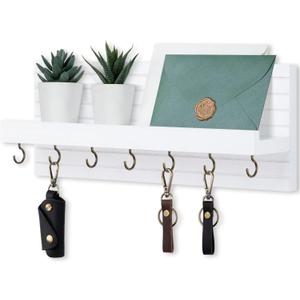 Lwenki Decorative Key Holder for Wall with Shelf, Entryway Shelf with Hooks Holds Leashes, Jackets and Glasses  Sturdy Wood Keyholder Entrance Hanger with Mounting Hardware (White, Large)