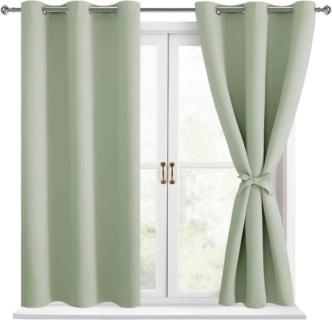 Hiasan Short Blackout Curtains for Bedroom - Thermal Insulated & Light Blocking Window Curtains for Living Room/Kids Room, 2 Drape Panels Sewn with Tiebacks, Seafoam Green, 42 x 45 Inch