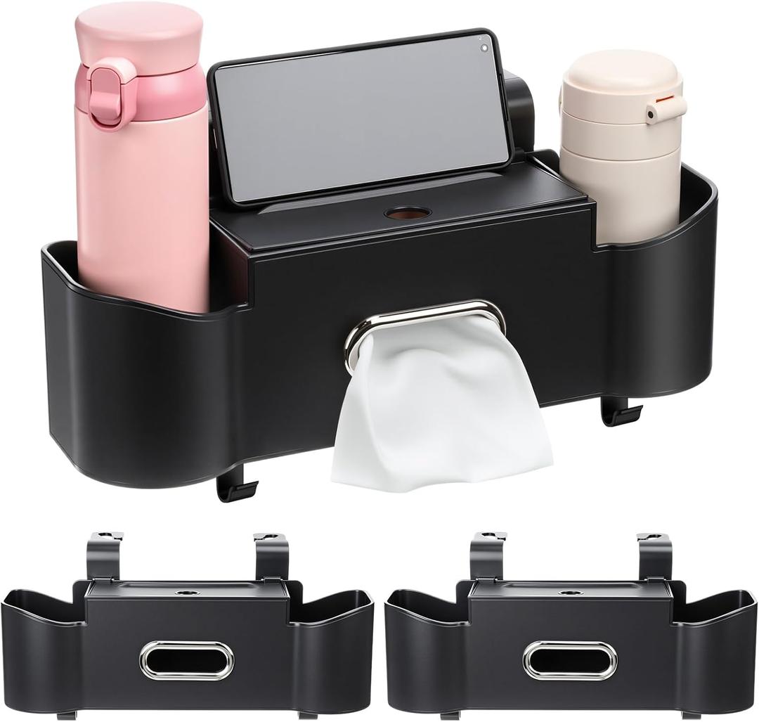 LemonRoad 2 Pack Multifunctional Car Seat Back Storage Box Car Seat Back Organizer with Tissue Box, 2 Cup Holders and Hooks for Hold Phone, Drinks, Handbag, Fits for Most Vehicles(Black)