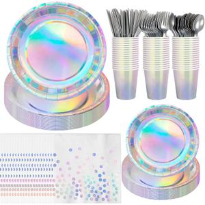 Iridescent Party Supplies Serves 25 - Holographic Party Decorations with Plates and Napkins Cups Knives Forks Spoons Disposable Tableware Set for Birthday Mermaid Birthday decor