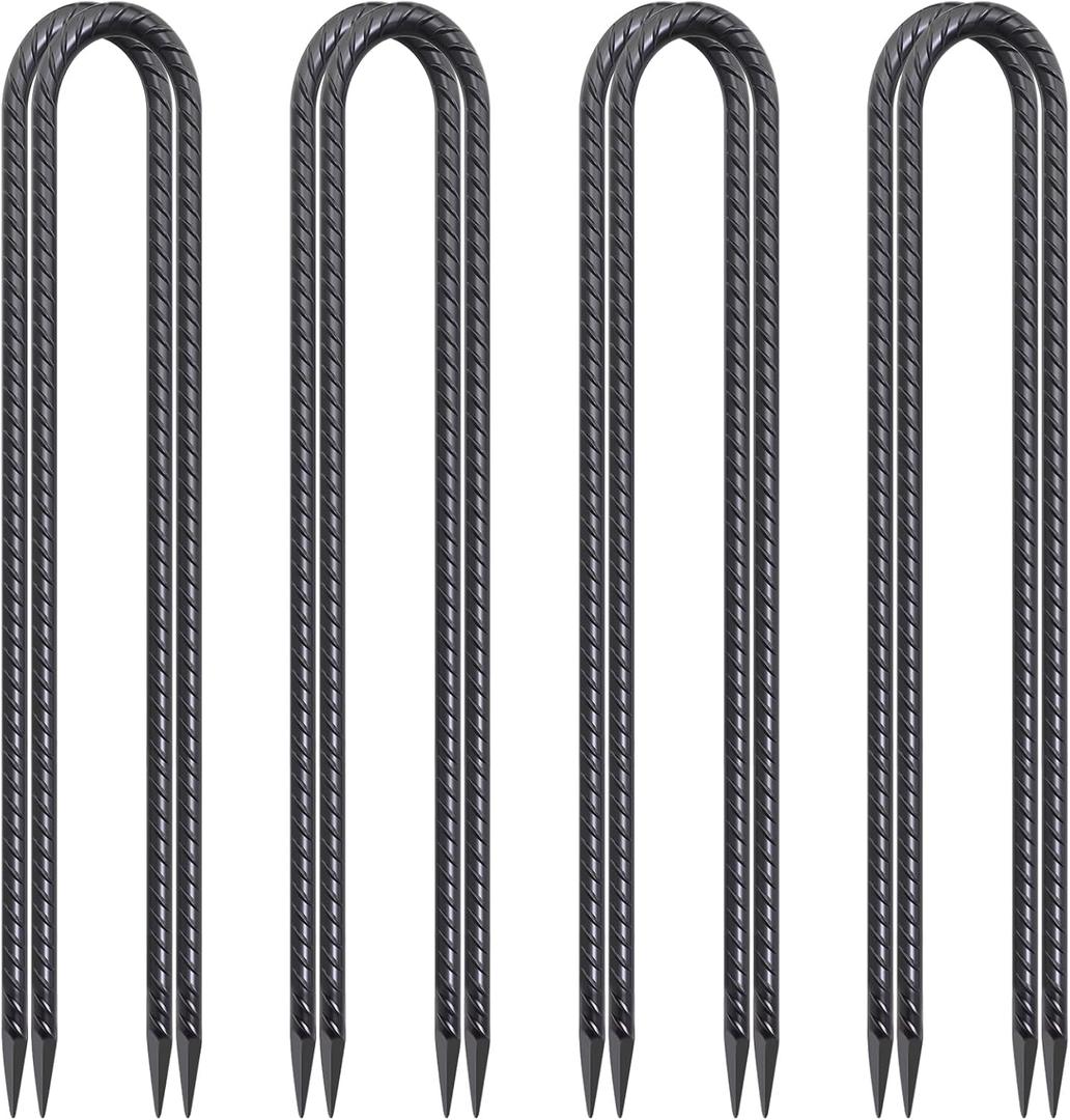 24 Inch Trampoline Stakes High Wind, 3/8 Inch Diameter Rebar Tent Anchors 8 Pack Heavy Duty U Stakes for Ground, Chain Link Fence, Swing Set, Soccer Goal (Black)