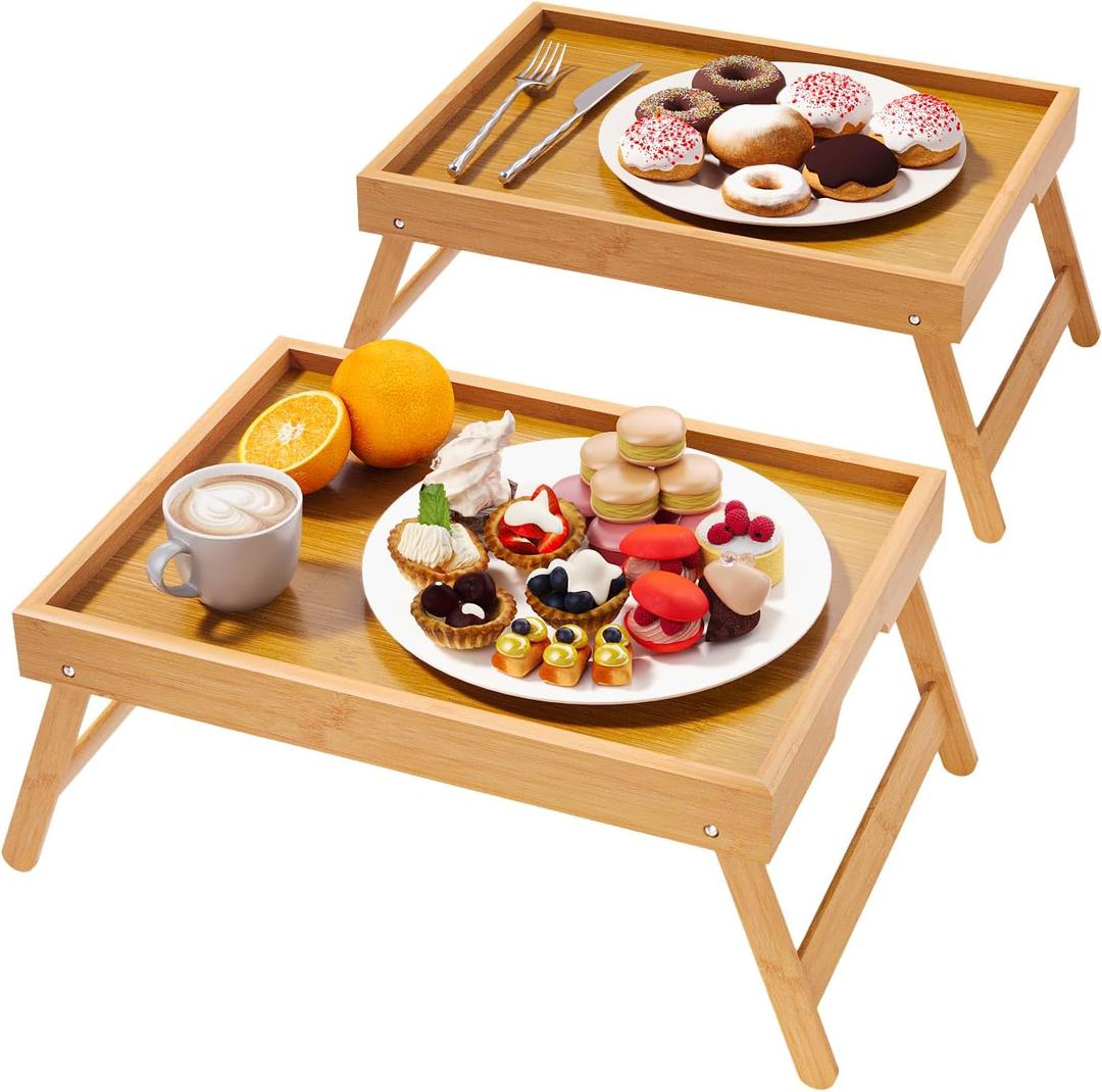 2 Pack Bamboo Bed Tray Table with Folding Legs,Breakfast Trays,Serving Tray for Food and Snack,Laptop Trays for Working(Natural) (2 PC, Natural)