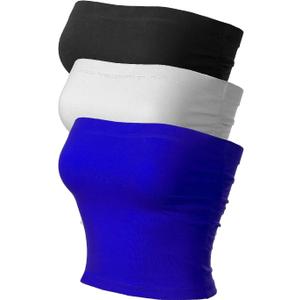 MixMatchy Women's 2 Pack Casual Summer Ruched Side Backless Double Layered Tube Top with Built in Shelf Bra (Large, 2pack - White/Royal)