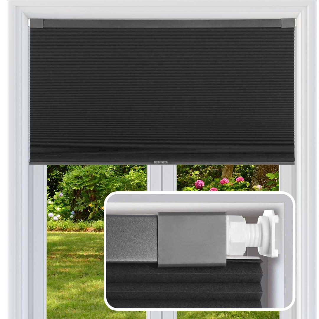 No Drill Cellular Shades Cordless Blackout Honeycomb Blinds 30"Wx48"H Black