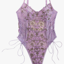 Lilosy Women Sexy Lace Up Floral Embroidered Teddy Lingerie Bodysuit Top Mesh Sheer One Piece L