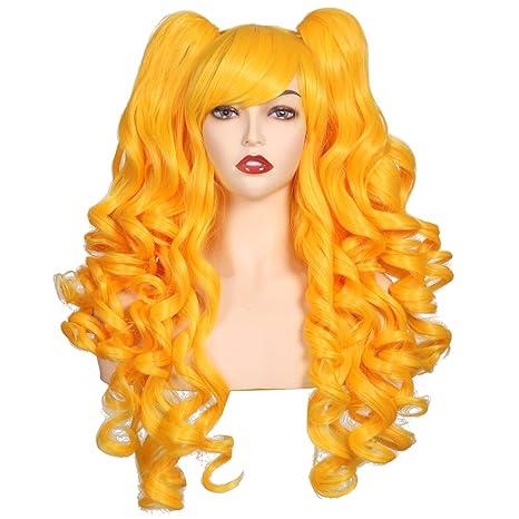 ColorGround Long Curly Cosplay Wig with 2 Ponytails (Yellow)