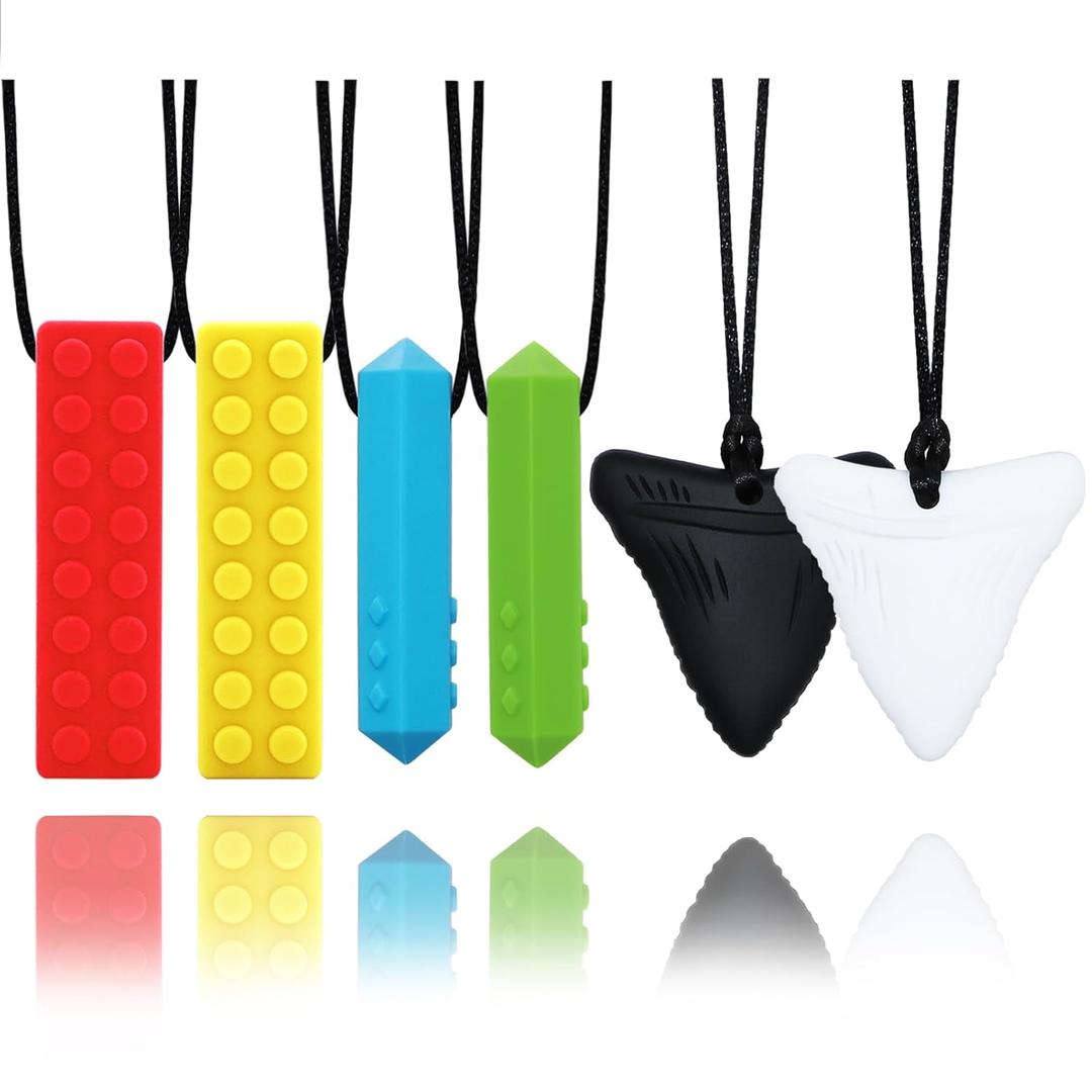 Chewy Necklaces for Sensory Kids, 6 Pack Chew Necklaces for Sensory Boys and Girls with Autism, ADHD, SPD, Chewing, Biting, Silicone Oral Sensory Chew Teething Toys for Adults Reduce Anxiety Fidget (Red, Yellow, Blue, Green, White, Black)
