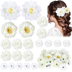 BBTO 21 Pcs Flower Hair Clip Rose Hair Clips Barrettes for Women Flower Accessories Boho Bride Claw Clip Hairpin Brooch Pin Headpiece for Wedding (White)
