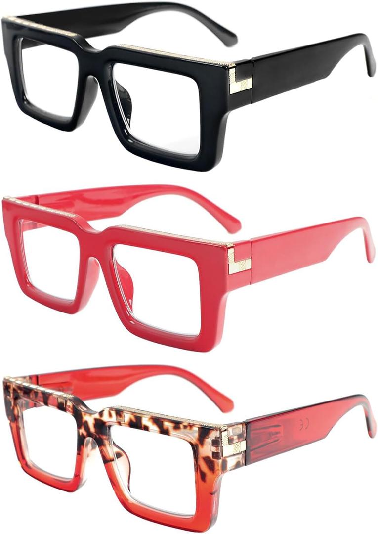 REAVEE 3 Pack Oprah Style Reading Glasses for Women Men, Blue Light Blocking Readers Stylish Square with Spring Hinge (Black/Red/Red Leopard)