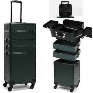 Particle Rolling Makeup Train Case Professional Cosmetic Trolley Large Storage Organizer with Key Swivel Wheels Salon Barber Case - New Green (Extra Portable Cosmetic Bag, Green)
