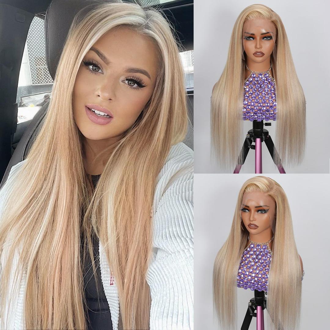 Highlight Ash Blonde Wig Human Hair 13x6 HD Balayage Glueless Wigs 180% Density Ash Brown to Platinum Blonde 18/60 with Brown Roots Highlights Lace Front Wigs Human Hair Pre Plucked with Baby Hair