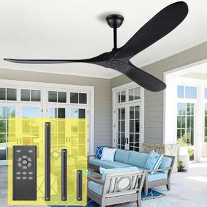 72 Inch Black Ceiling Fan No Light Wood Outdoor Ceiling Fans for Patios Living Room Gazebo Mid Century Modern Exterior Extra Large Waterproof Ceiling Fan without Light with Downrod (Black Blades + Black Body)