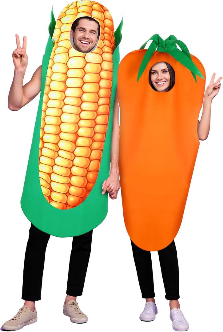 Shihanee 2 Pcs Halloween Corn Cob Costume and Carrot Costume Adult Vegetable Food Fancy Cosplay Couple Dress Suit for Men Women Dress up Party