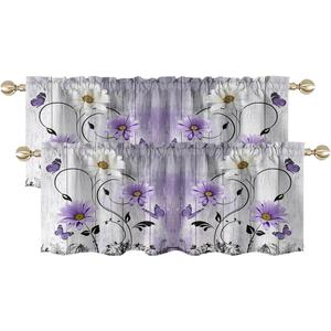 AAtter Purple Floral Kitchen Valances Curtains for Window Farmhouse Vintage Rustic Lavender Flower Butterfly Small Short Home Living Room Bedroom Bathroom Drape Fabric 2 Piece, 52" W x 18" L*2, Cute