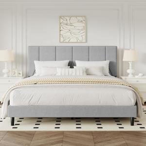 Queen Bed Frame, Padded Platform Bed Frame with Fabric Headboard, Vertical Quilted Design, Sturdy Slatted Mattress Base, No Spring Mattress Required, Easy to Assemble, Light Gray