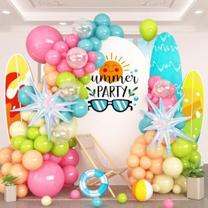 HILAVO Summer Tropical Balloon Arch Garland Kit Iridescent Star Balloons and Transparent Balloon Teal Pastel Pink Orange Yellow Lime Green Balloons for Hawaiian Luau Aloha Birthday Pool Party Decor