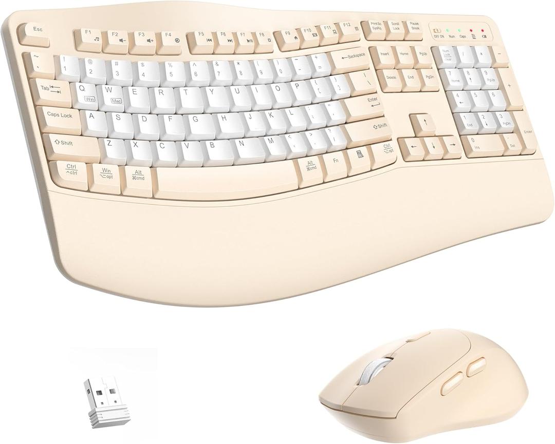 Ergonomic Wireless Keyboard and Mouse Combo, Wave Keys Keyboard with Wrist Rest for Natural Typing, 3 DPI Adjustable Ergonomic Silent Mouse for Computer/Laptop/Windows/Mac (Latte Color-B)