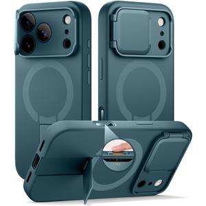 SURITCH for iPhone 17 Pro Case with Camera Control Cover, Camera Cover and Adjustable Kickstand, Compatible with MagSafe, Shockproof Bumper Protective Cases 6.3 Inch, Lake Green