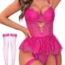 Women Lingerie Set Naughty Lace Bodysuit High Waisted Underwire Lingerie Babydoll With Garter Belt and Stockings (Pink)